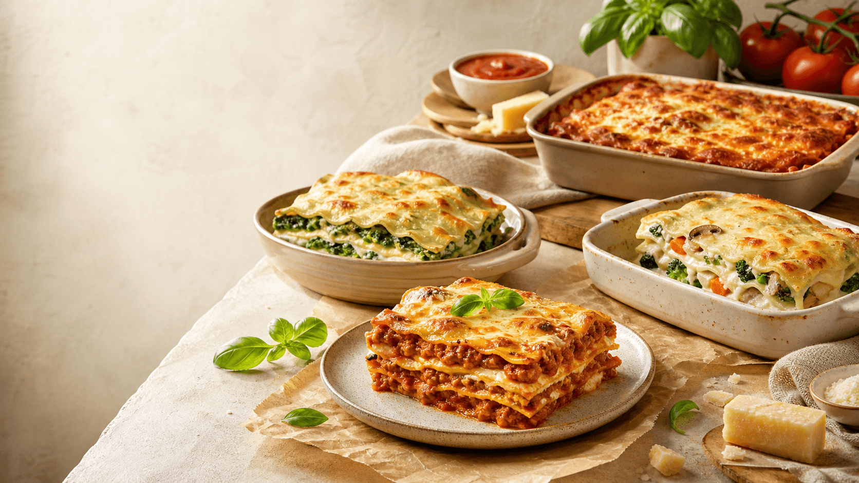 Quattro varianti di lasagne al forno con sfoglia, ragu, verdure e crosta dorata