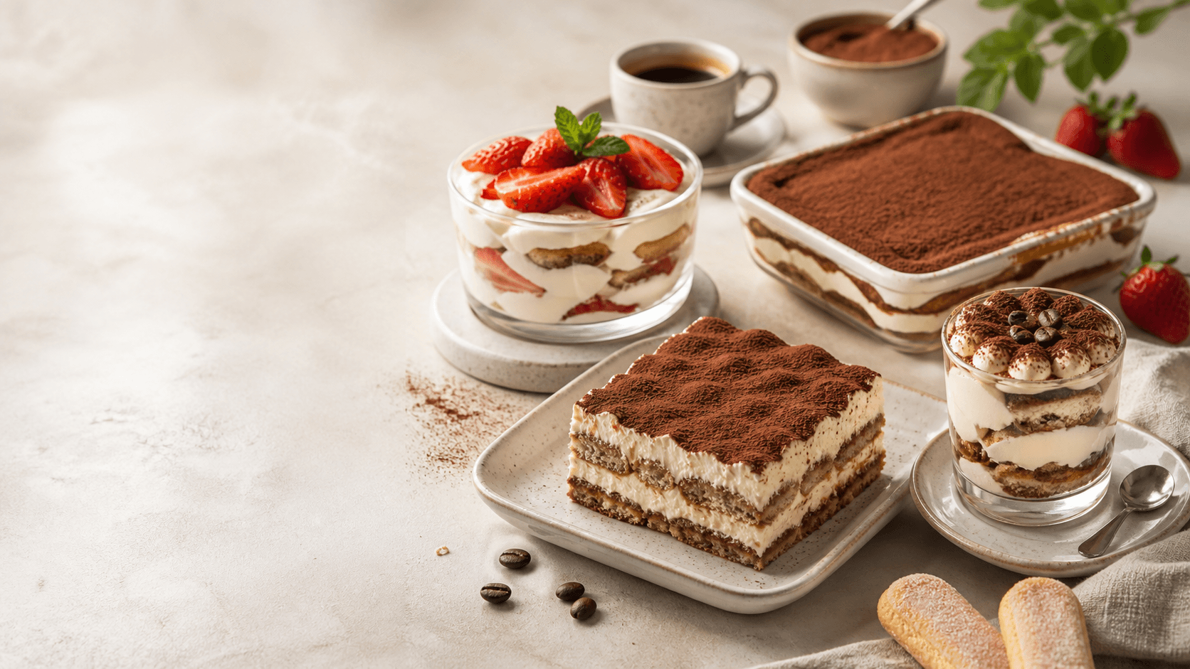 Quattro tiramisu in stile dessert italiano con cacao, mascarpone, espresso e fragole
