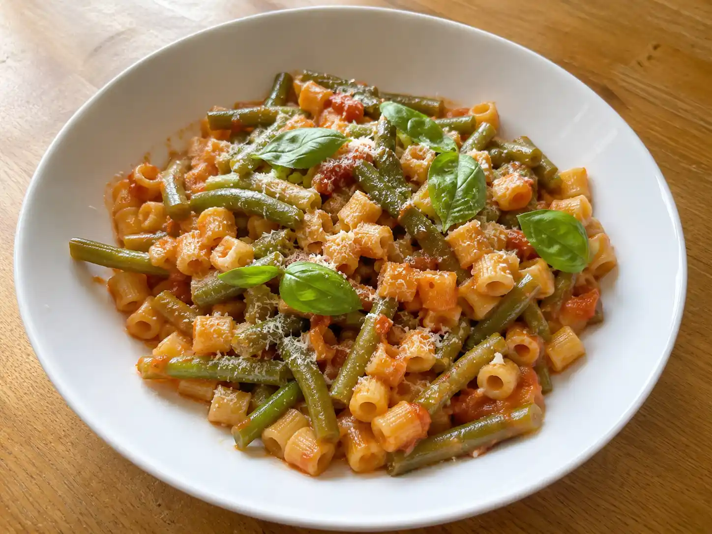 Fagiolini con la pasta al pomodoro con pasta corta, fagiolini verdi e basilico fresco nel piatto