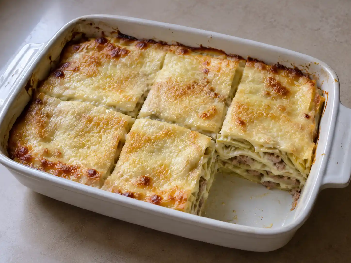 Lasagne con carciofi e salsiccia bianche in teglia, dorate in superficie e tagliate in porzioni cremose