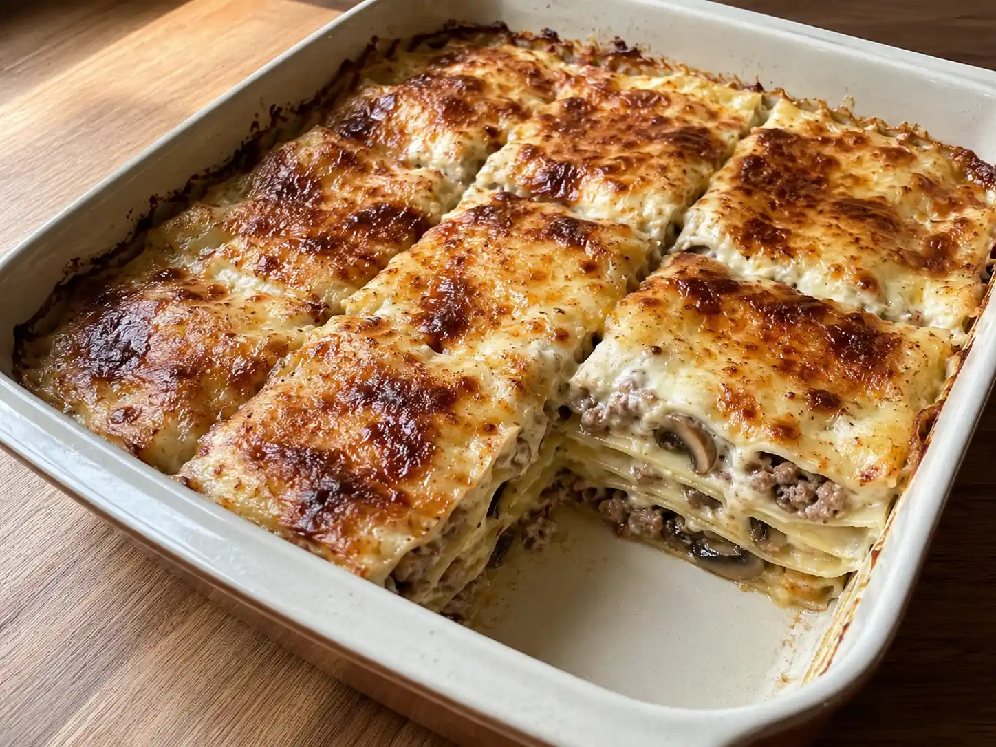 Lasagne funghi e salsiccia con besciamella, strati cremosi e superficie dorata in teglia