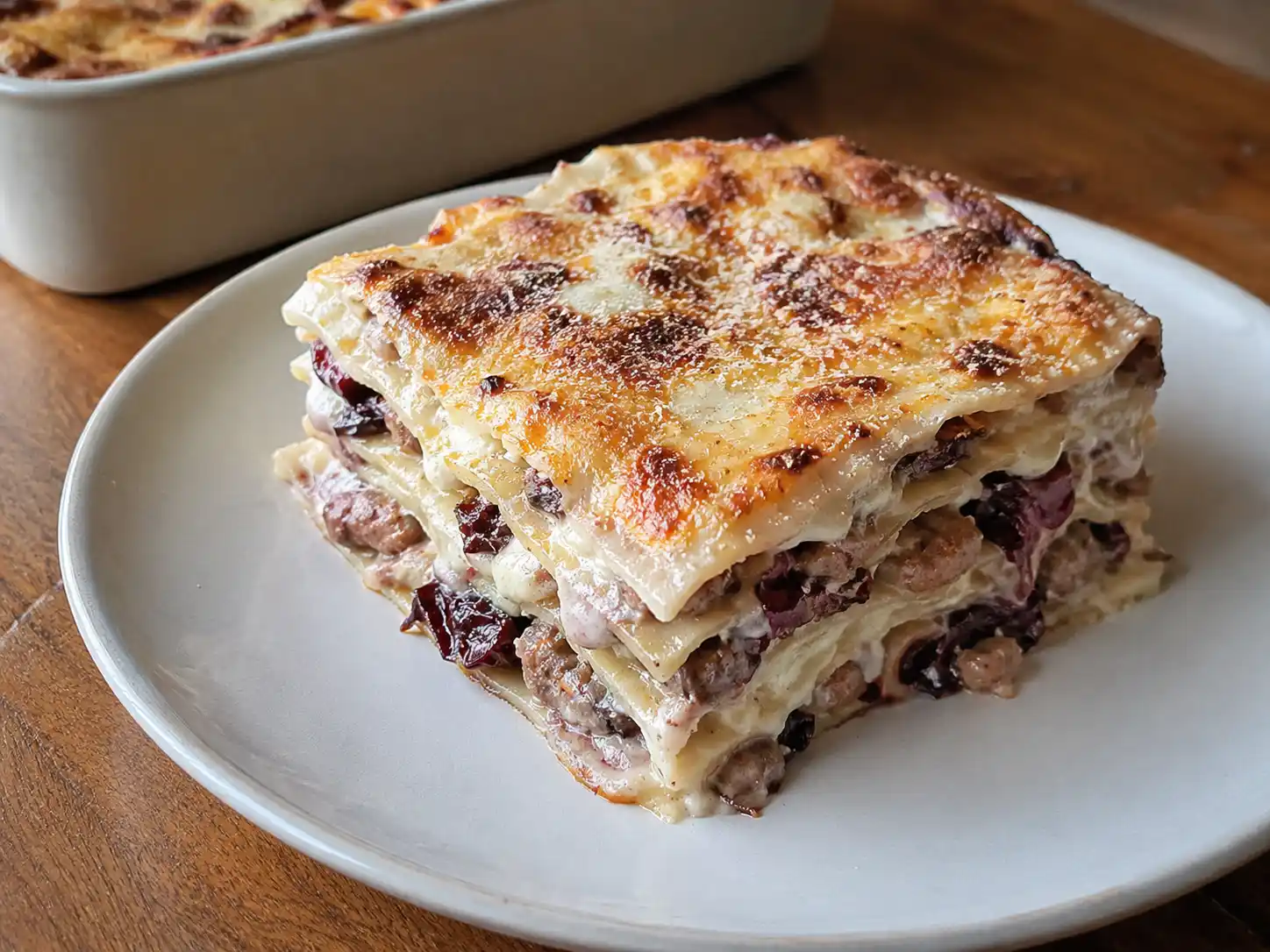 Lasagne radicchio e salsiccia gratinate con besciamella, strati morbidi e superficie dorata