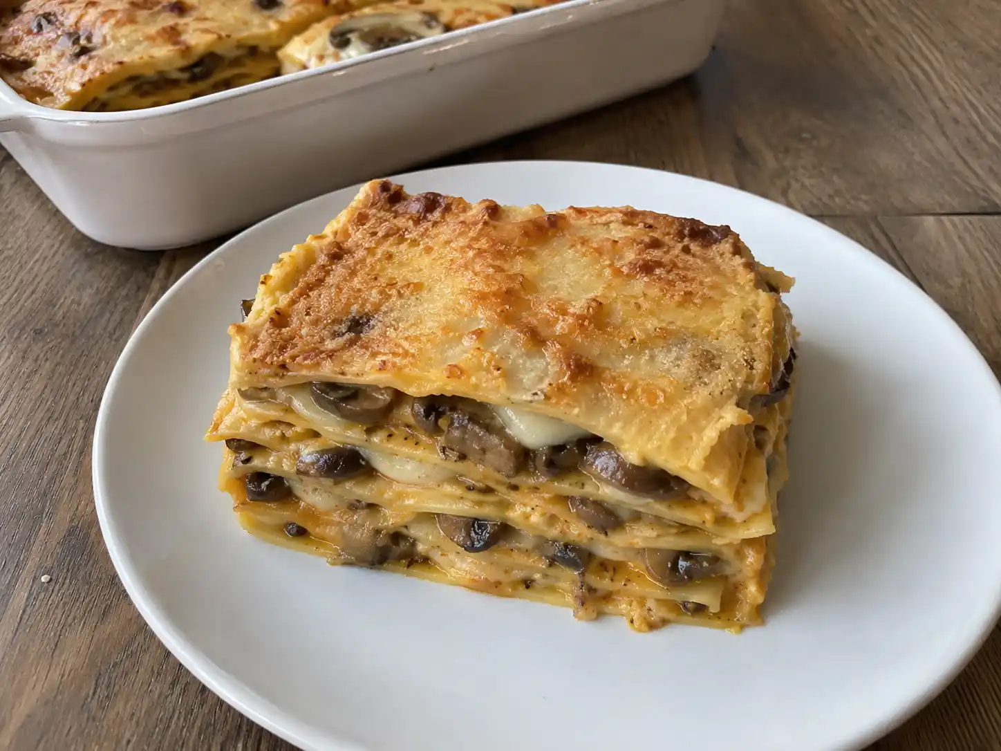 Lasagne zucca e funghi in teglia con crema arancione, funghi rosolati e crosta dorata al Parmigiano