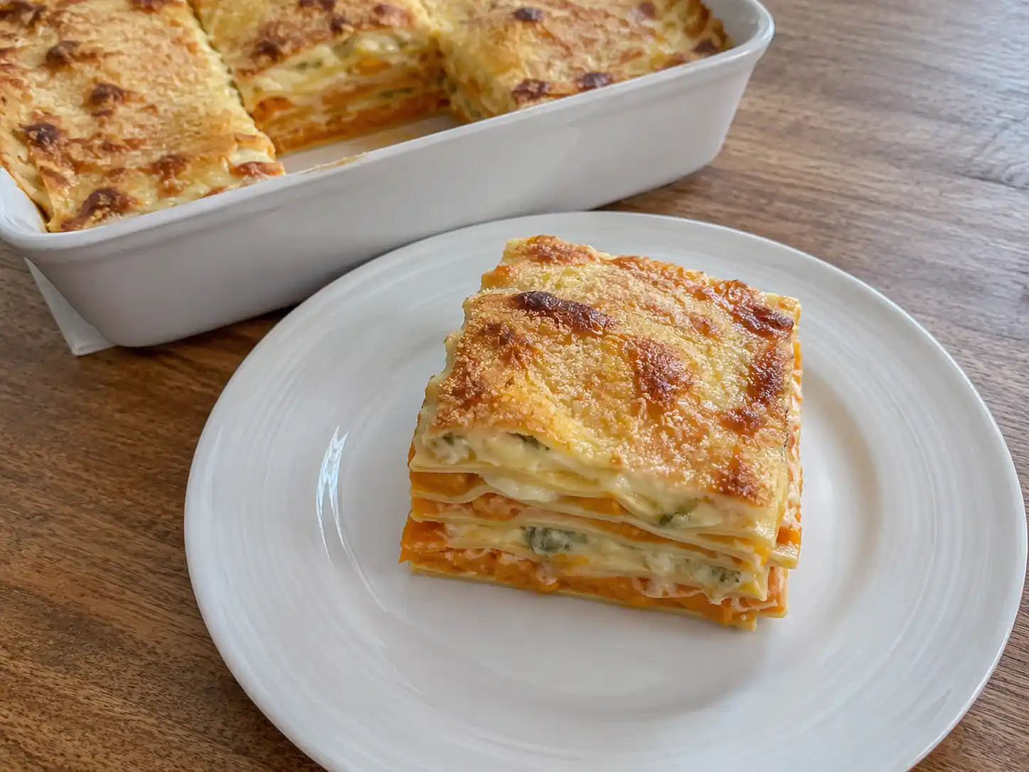 Lasagne zucca e gorgonzola al forno con strati cremosi, superficie dorata e formaggio fuso
