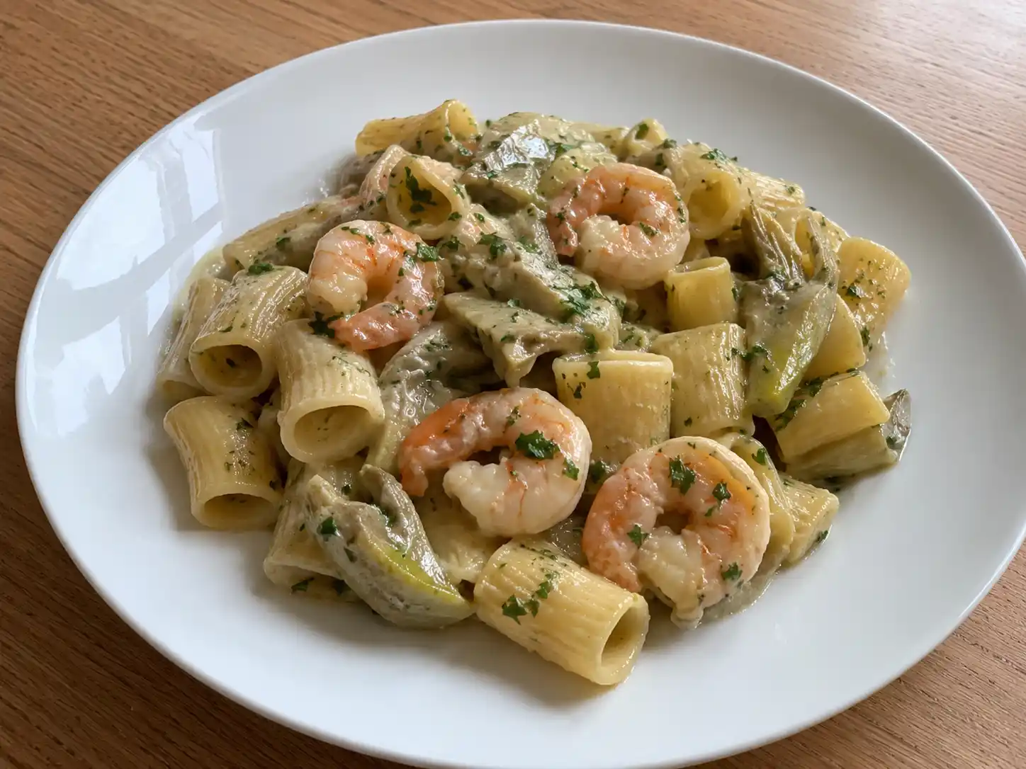 Pasta ai carciofi e gamberi cremosa con mezze maniche, carciofi teneri e gamberi rosolati