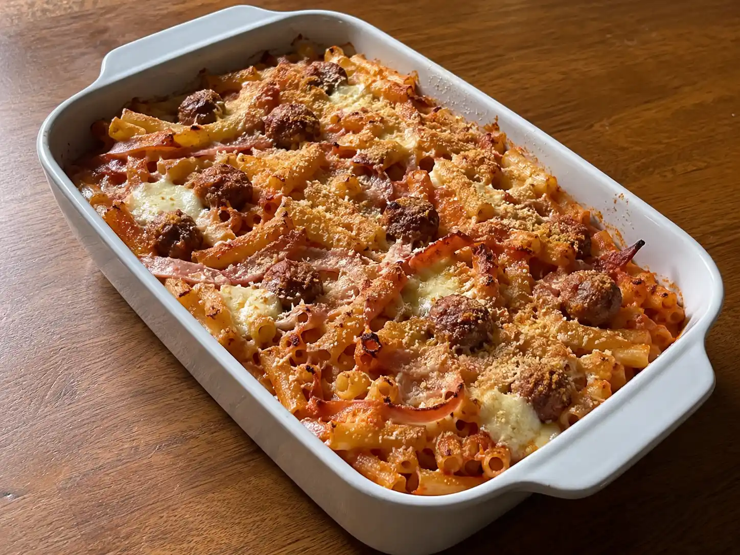 Pasta al forno pugliese in teglia con ziti, polpettine, mozzarella fusa e crosta dorata