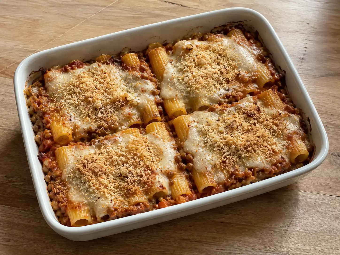 Pasta al forno vegana con rigatoni, ragù di lenticchie e crosticina dorata in teglia