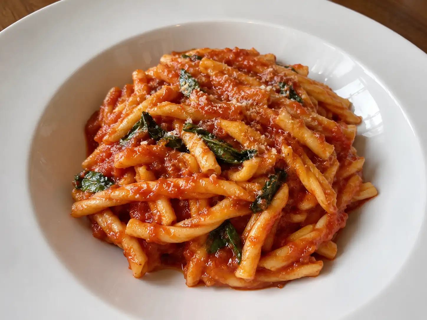 Pasta alla calabrese con 'nduja, sugo rosso cremoso, basilico e pecorino in piatto fondo