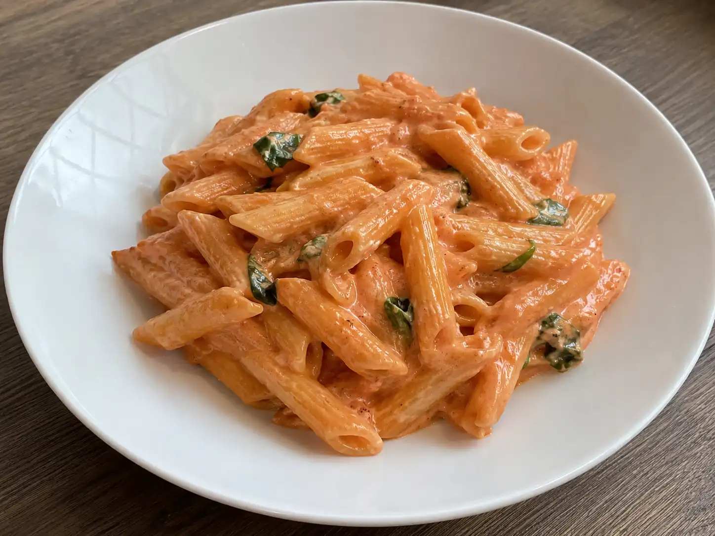 Pasta aurora cremosa con penne rigate e salsa rosata di pomodoro e panna al basilico