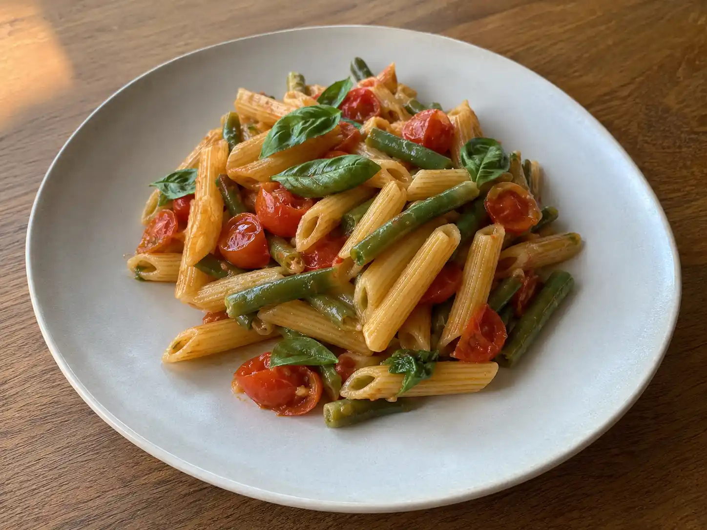 Pasta con fagiolini e pomodorini servita in piatto chiaro con basilico e sugo leggero