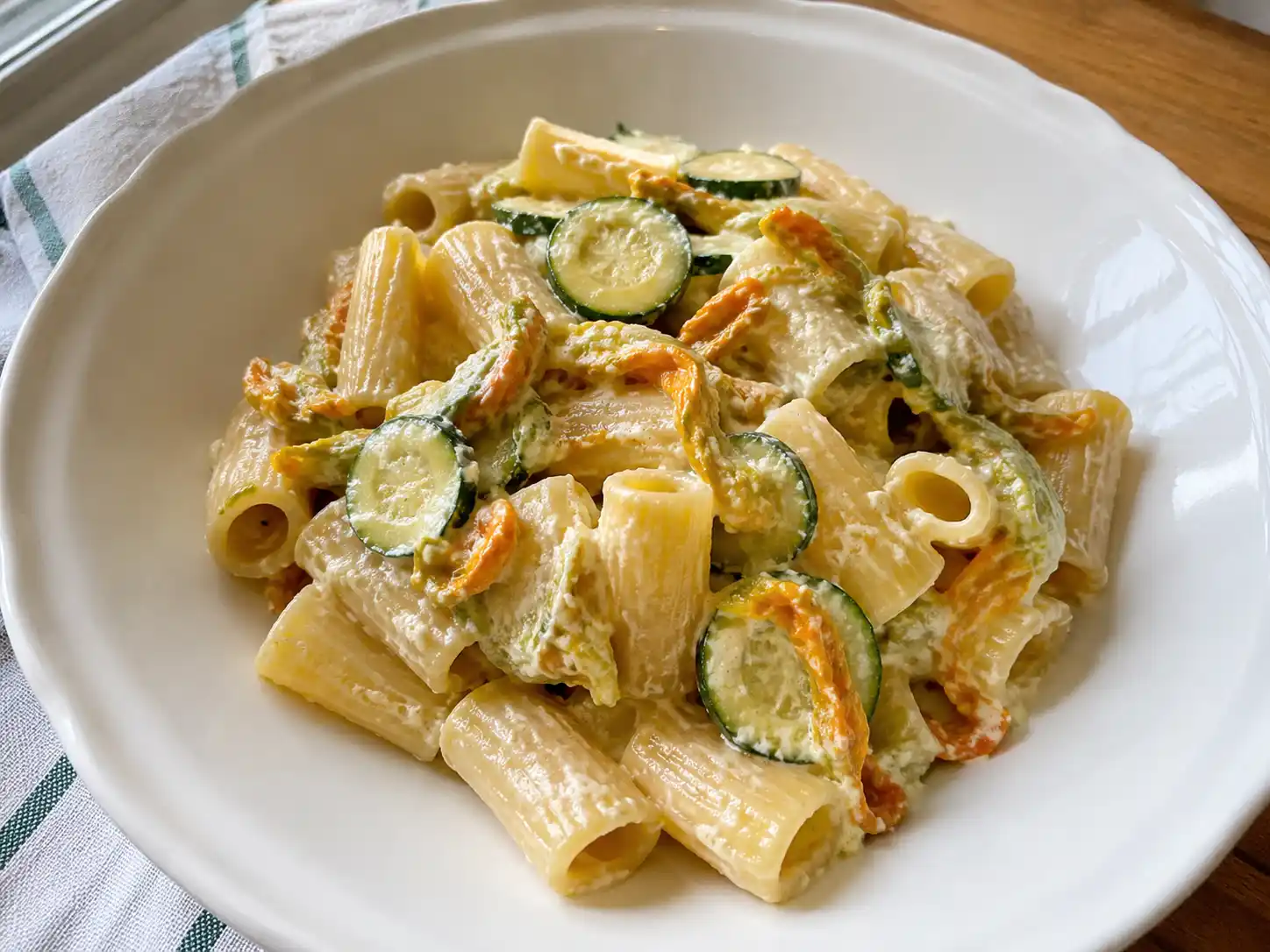 Pasta con fiori di zucca e zucchine cremosa con ricotta, servita in piatto chiaro