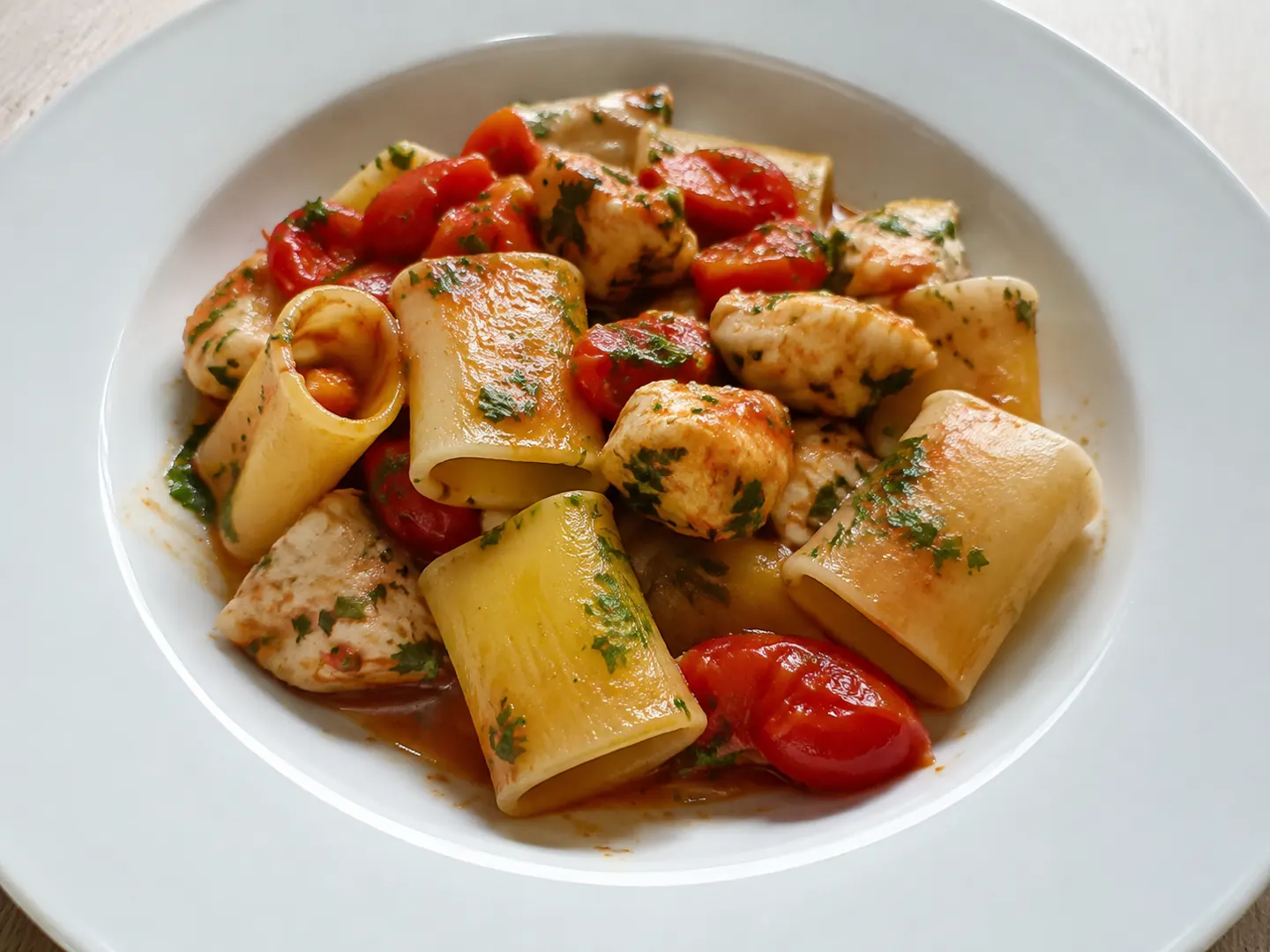 Pasta con la rana pescatrice e pomodorini in piatto fondo, con pesce a cubetti e sugo leggero