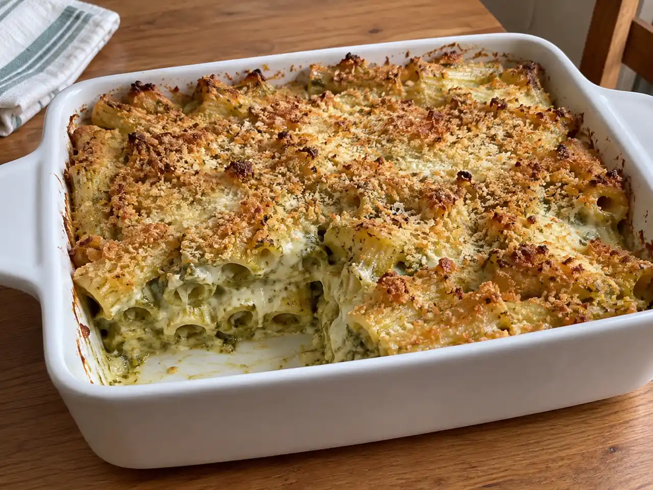 Pasta con pesto al forno cremosa in pirofila, con rigatoni verdi, mozzarella filante e crosta dorata