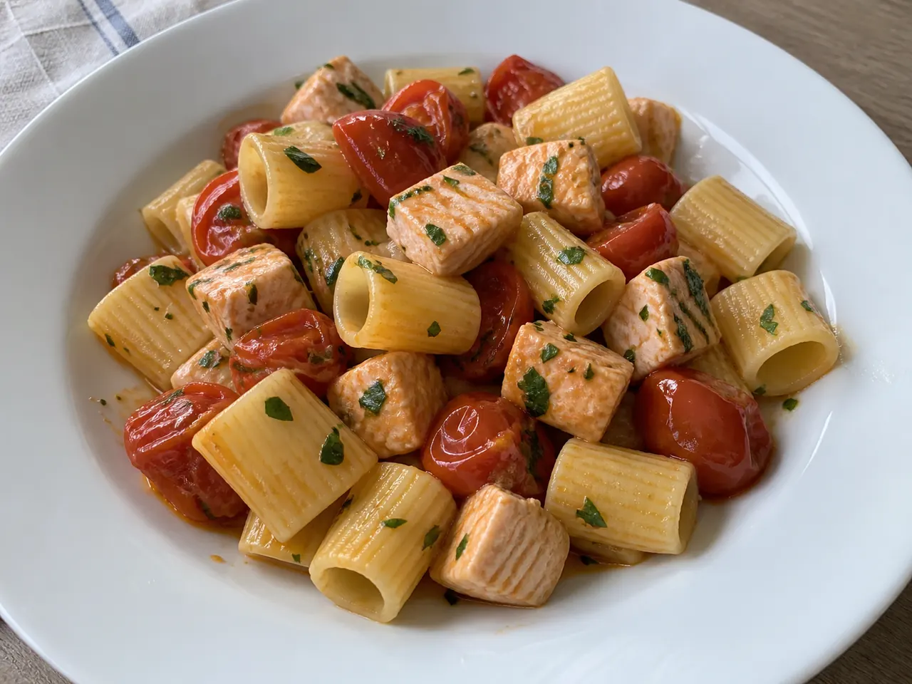 Pasta con salmone fresco e pomodorini servita con pezzi di pesce teneri e sugo leggero