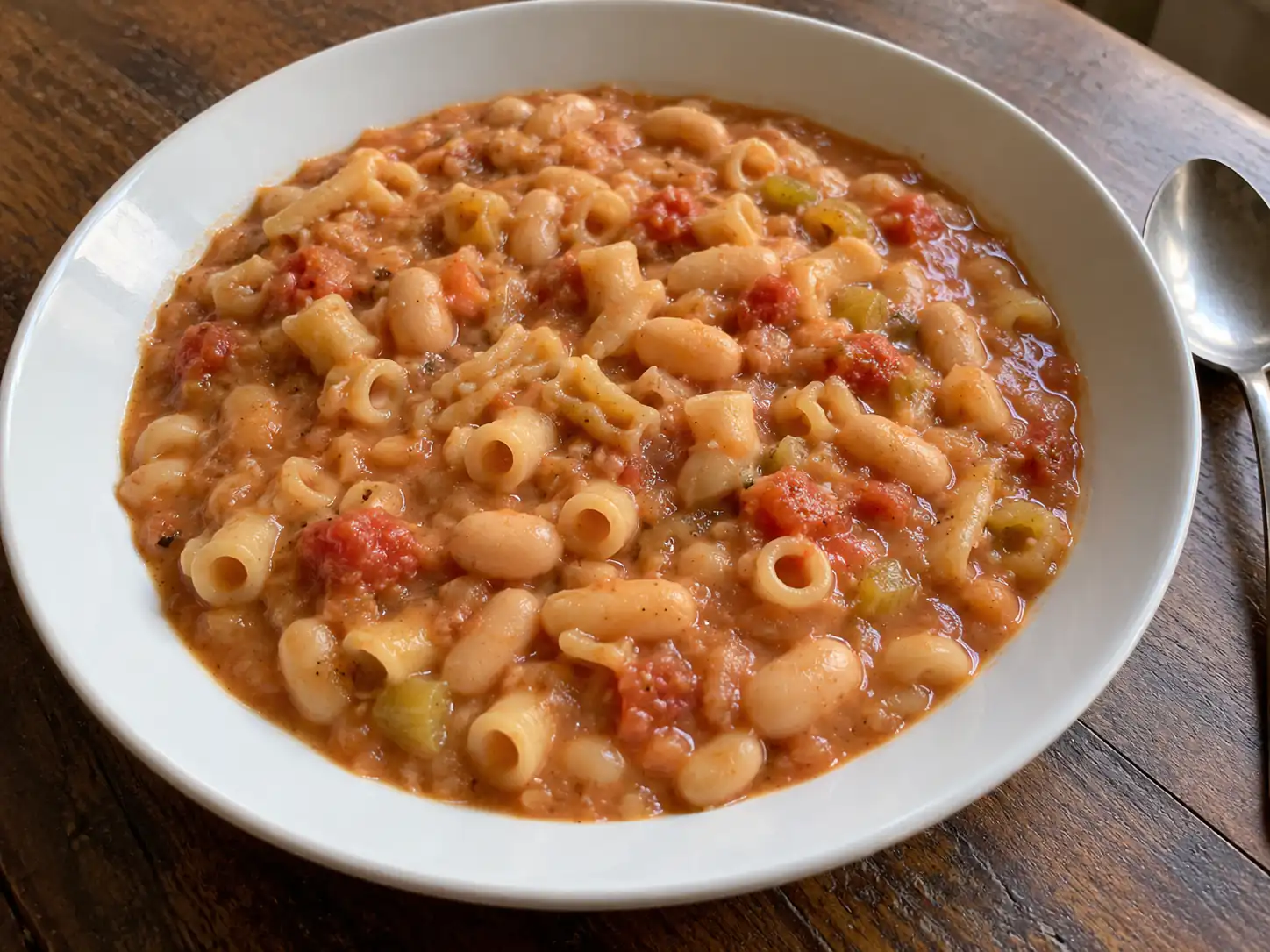 Pasta e fagioli ricetta napoletana cremosa con pasta mista, cannellini e pomodoro in piatto fondo