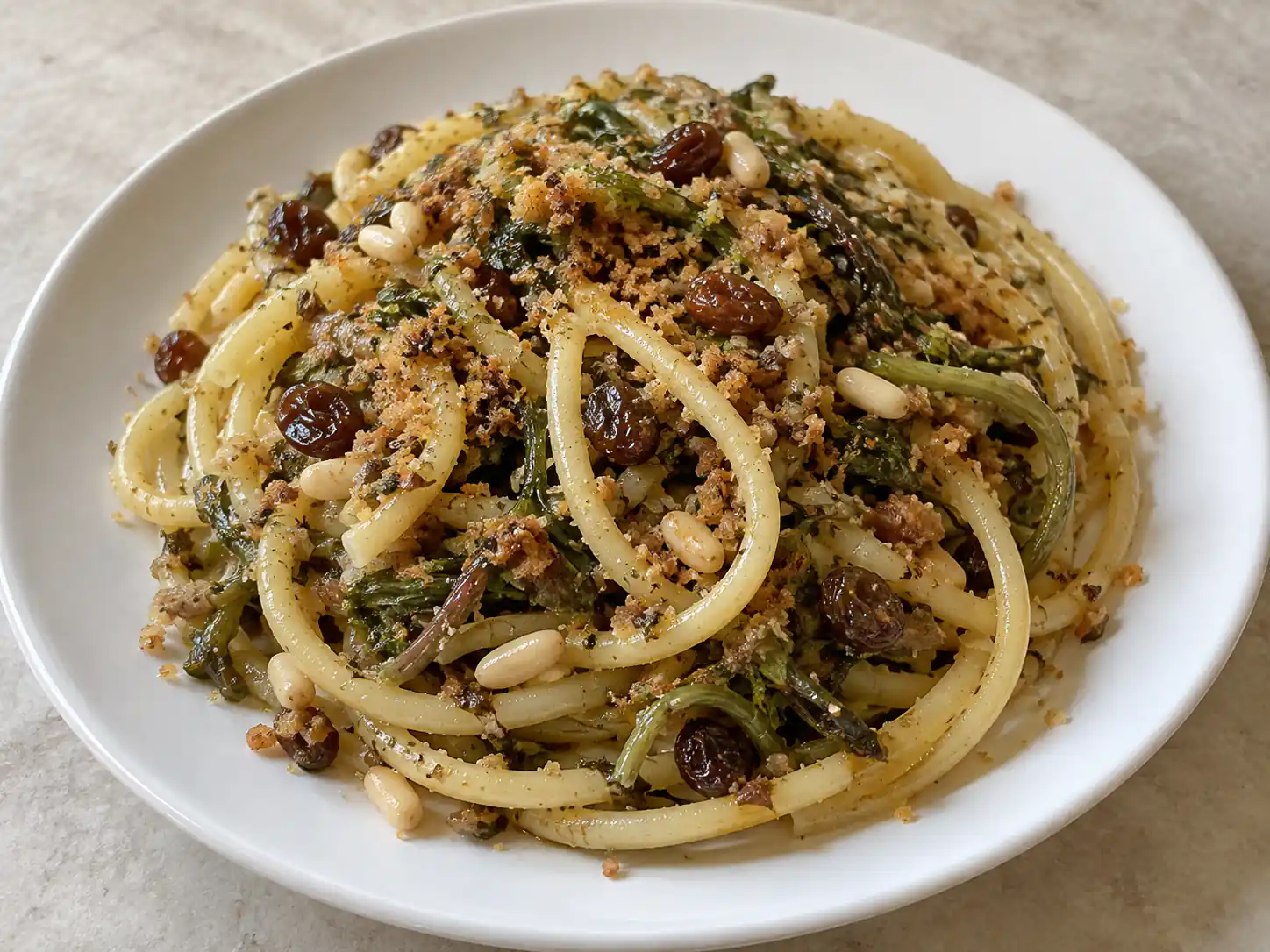 Pasta e finocchietto selvatico con bucatini, pangrattato tostato, pinoli e uvetta nel piatto