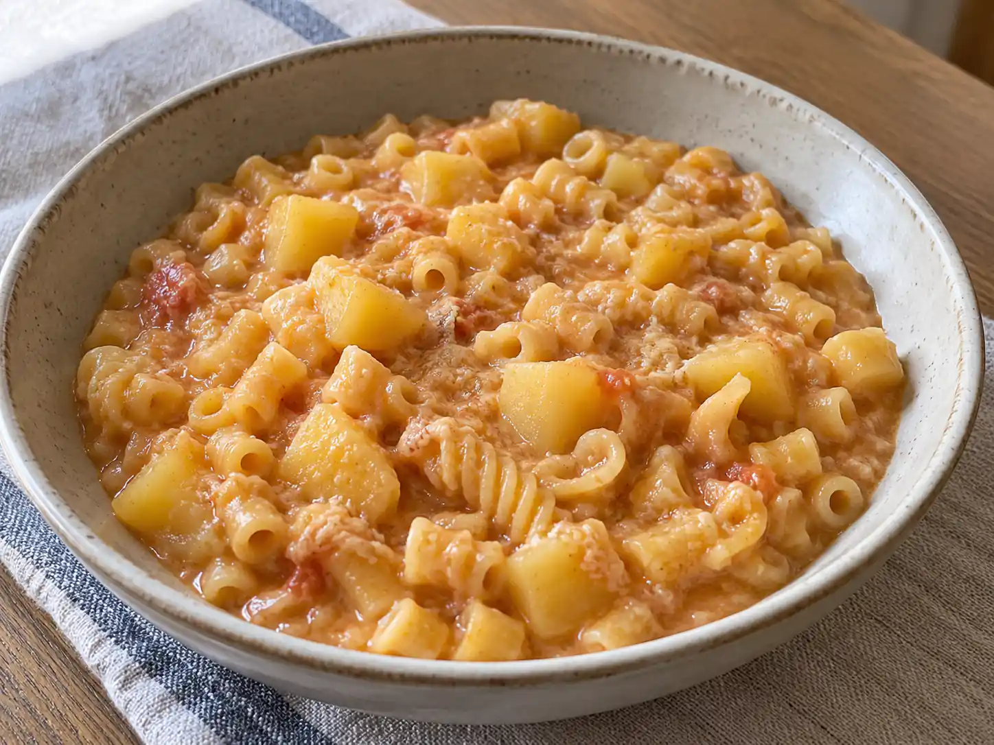 Pasta e patate con Bimby cremosa con pasta mista, patate morbide e pomodoro nel piatto