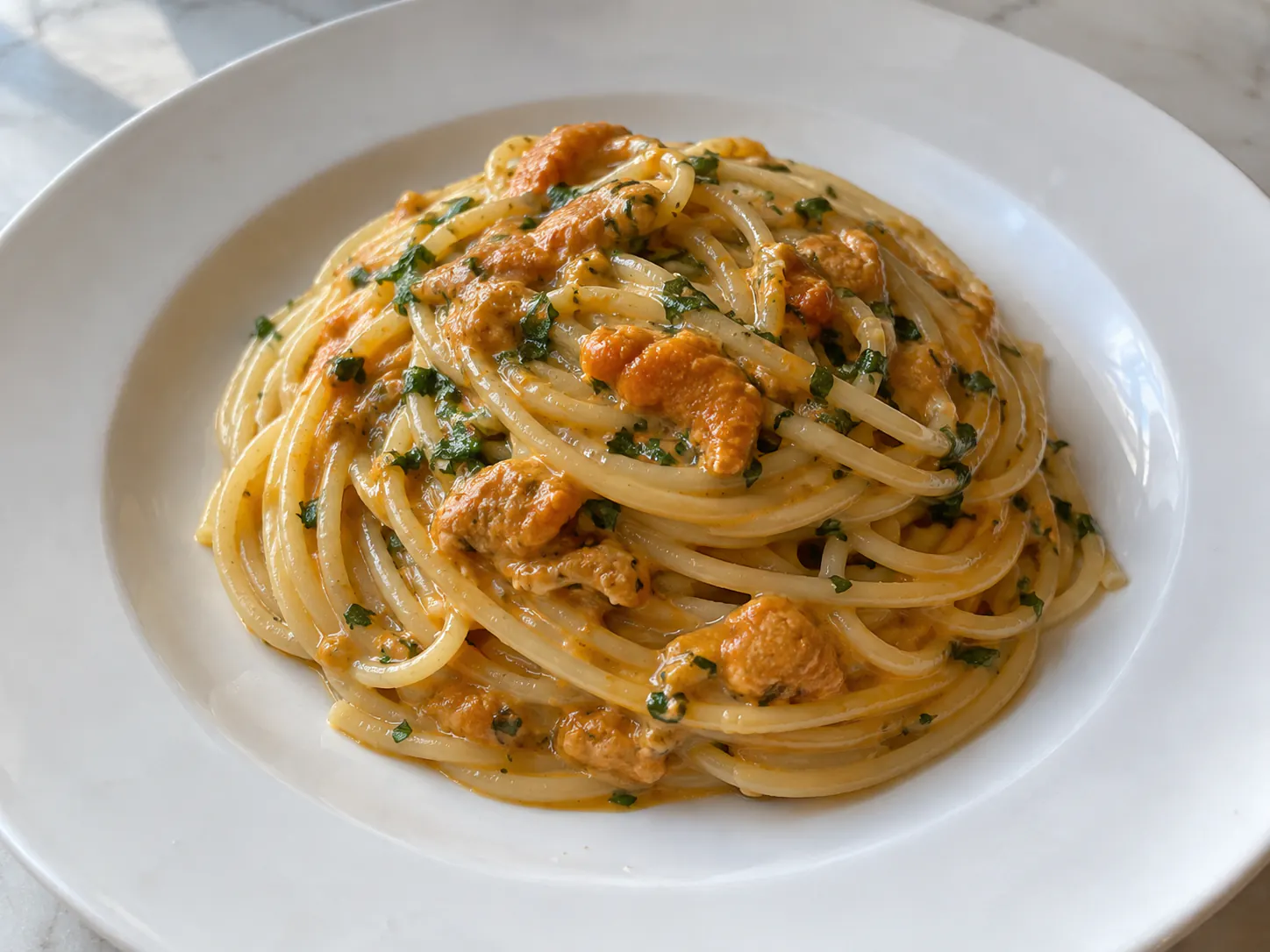 Pasta e ricci di mare cremosa con spaghetti, polpa di riccio e prezzemolo fresco nel piatto