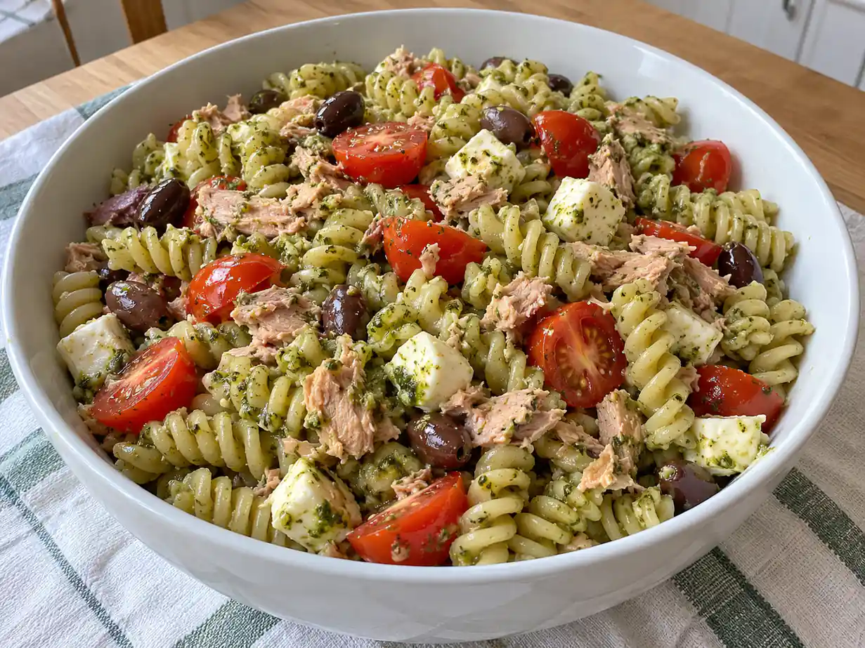 Pasta fredda pesto e tonno con fusilli, pomodorini e mozzarella in una ciotola chiara