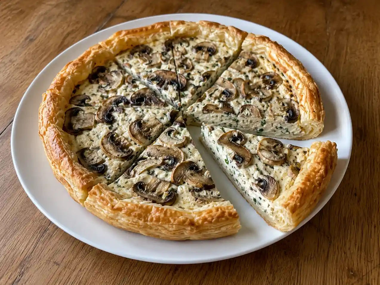Torta salata ai funghi cremosa con sfoglia dorata e ripieno morbido di champignon e ricotta