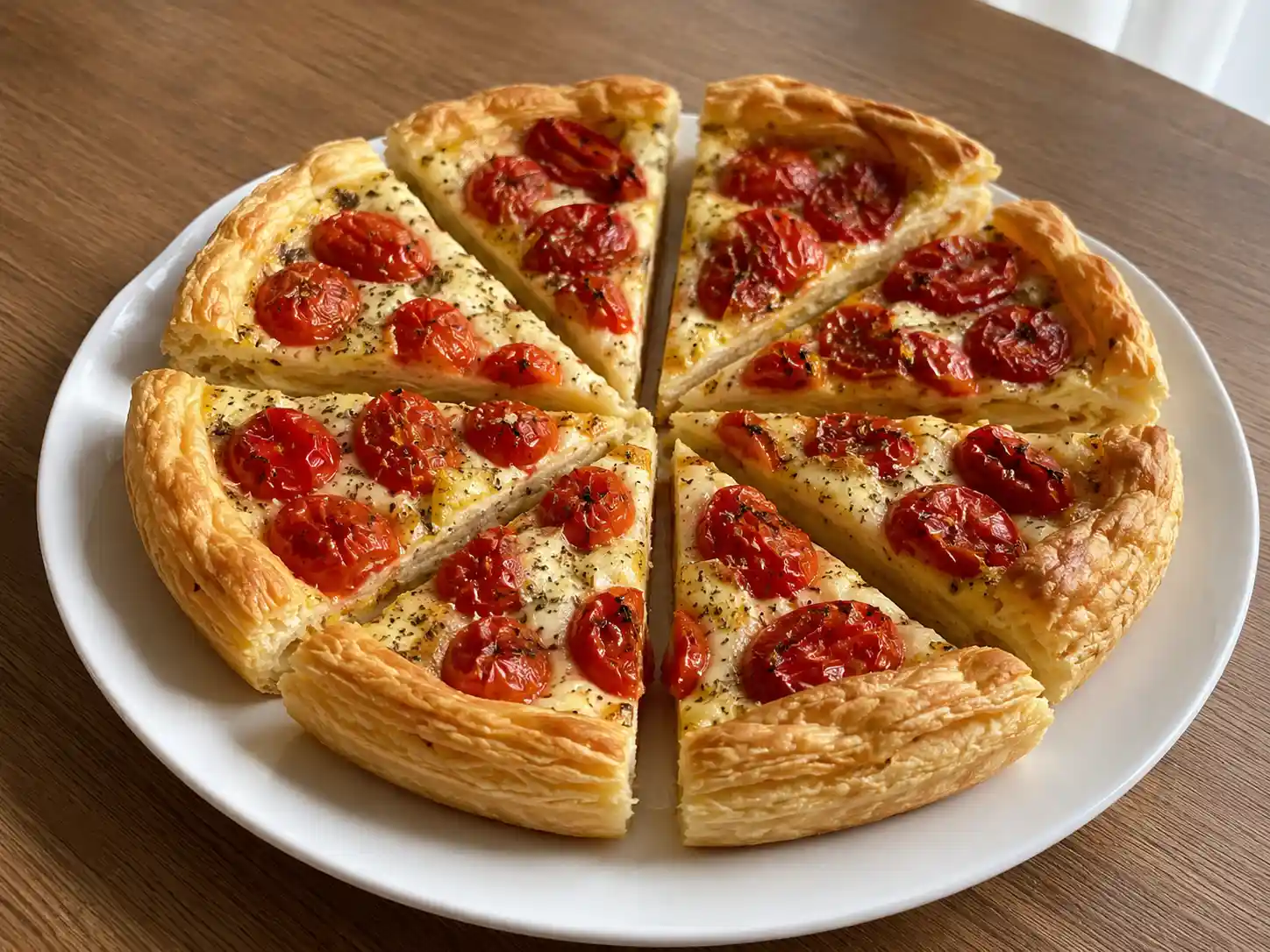 Torta salata ai pomodorini e ricotta con sfoglia dorata e ripieno cremoso appena cotta