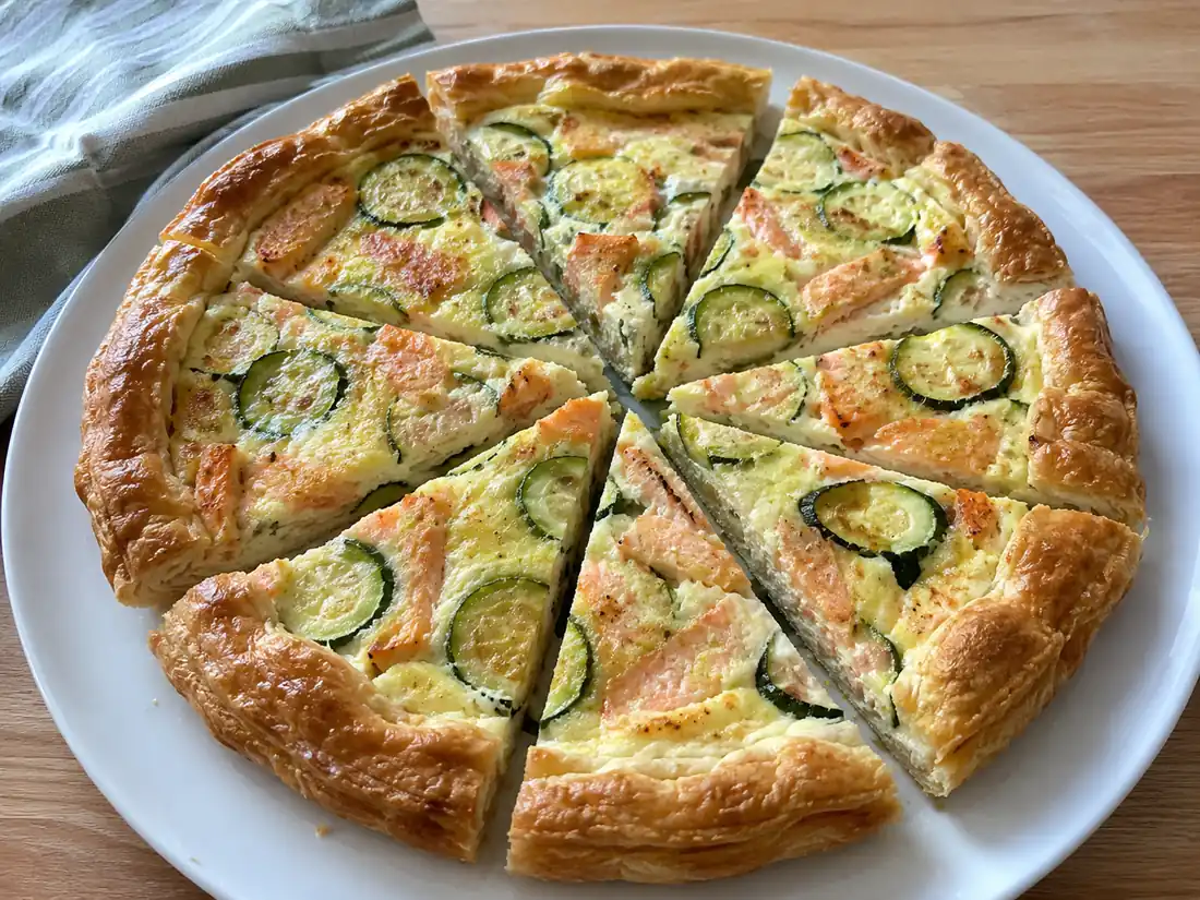 Torta salata al salmone e zucchine a fette, con sfoglia dorata e ripieno cremoso alla ricotta
