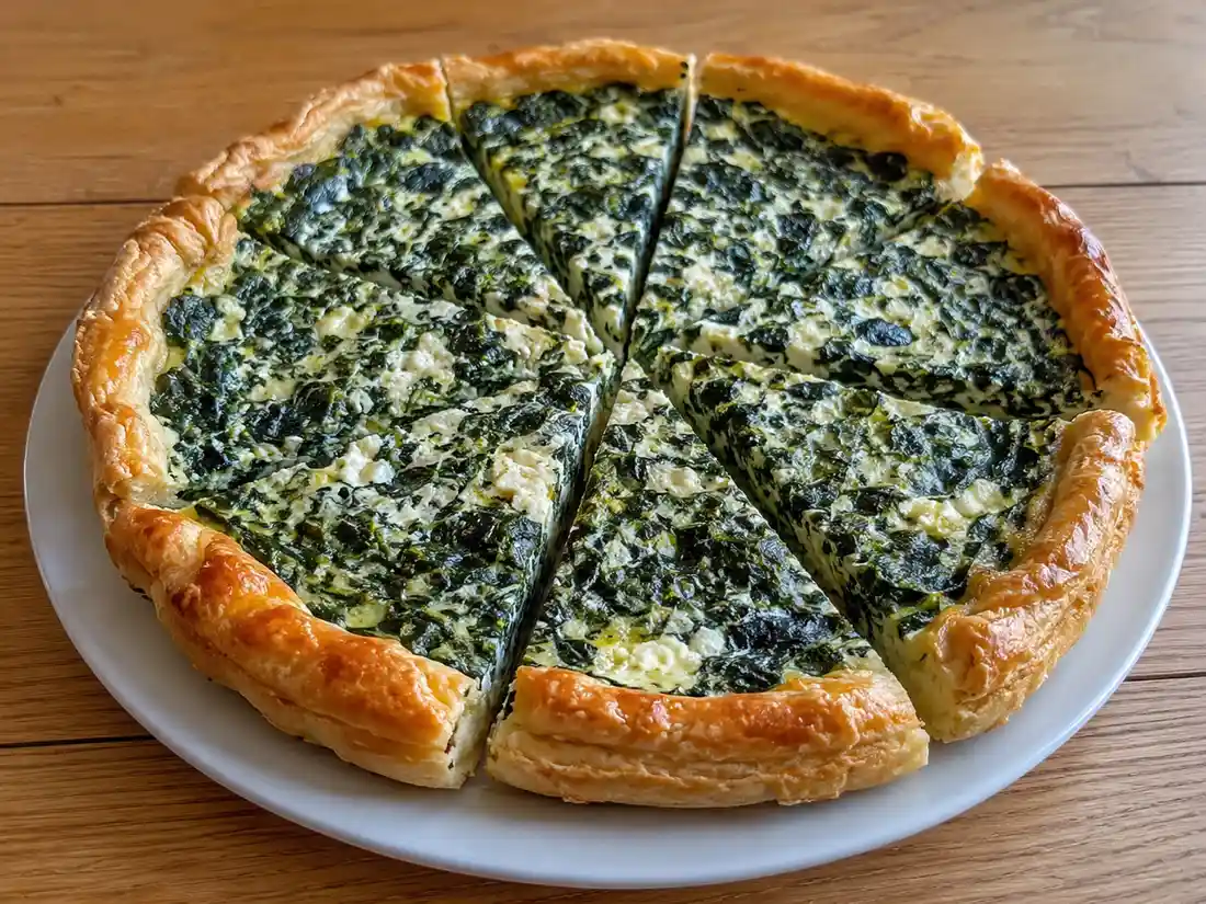 Torta salata bietole e ricotta tagliata a fette, con sfoglia dorata e ripieno verde cremoso