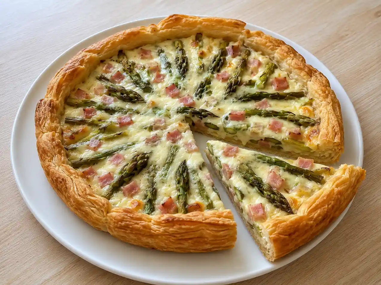 Torta salata con asparagi, prosciutto e mozzarella a fette, con sfoglia dorata e ripieno morbido